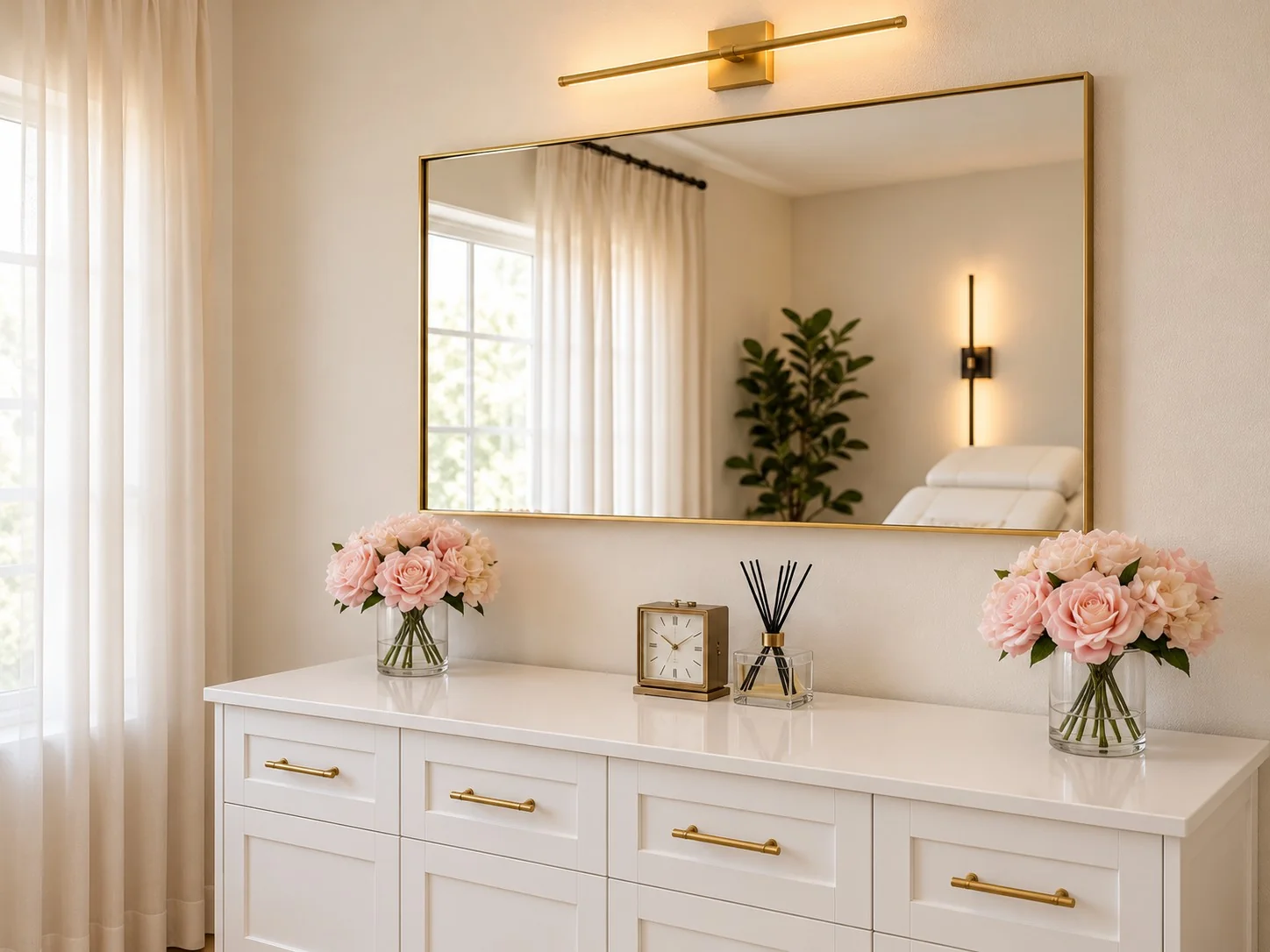 Gold-framed mirror, white cabinet and pink roses in the treatment room